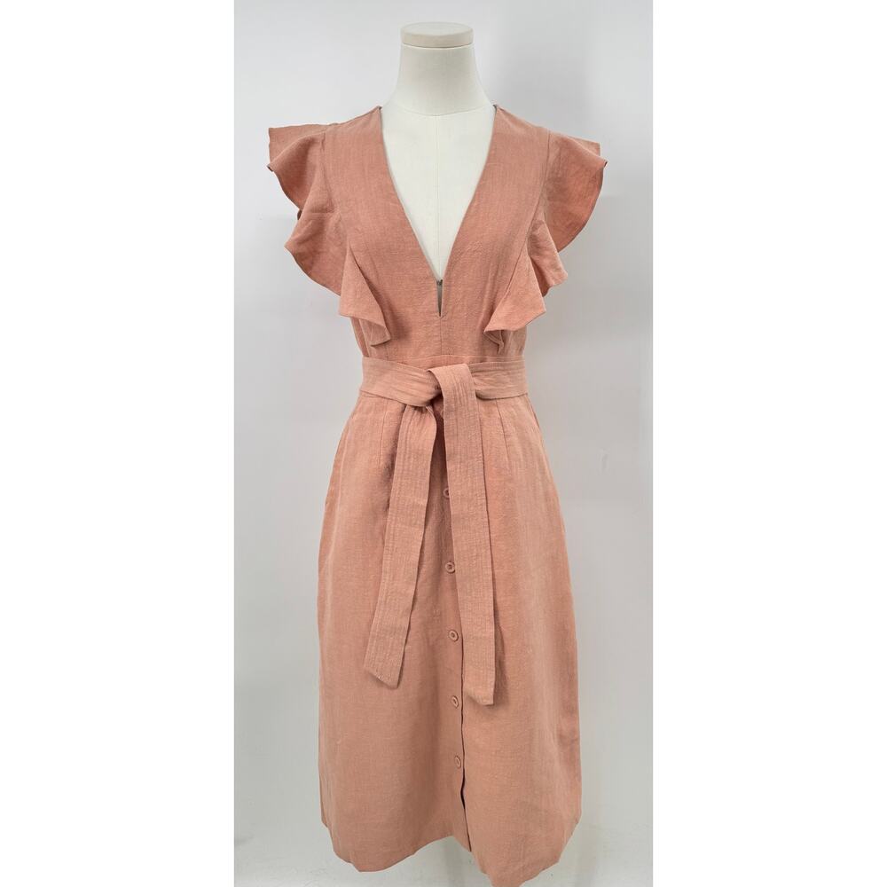 Saylor Linen Sue Dress Ruffle Button up Midi V-Neck Tie Waist Pink Coral Small S